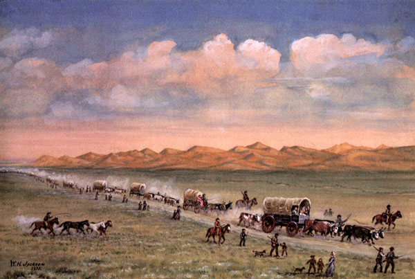 Переселенцы идут по Орегонской Тропе. Картина Уильяма Генри Джексона