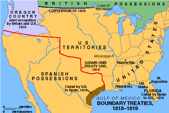Границы, установленные договорами 1818 и 1819 года.  Граница по соглашению 1818 года отмечена синим