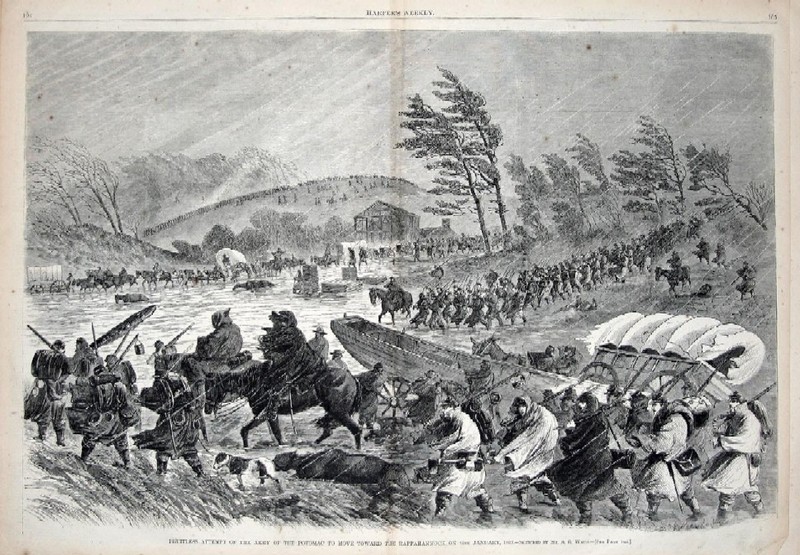 Неудачная попытка Потомакской армии перейти реку Раппаханнок в январе 1863 года. Иллюстрация из журнала Harpers Weekly