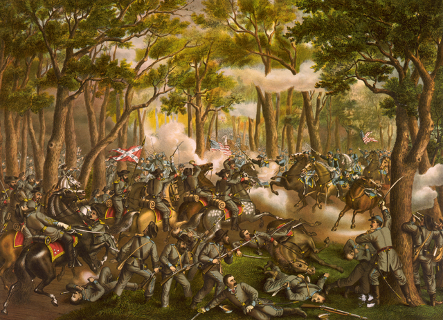 Сражение при Тоддс-Таверн, 6 мая 1864 года. Цветная литография Луиса Курца (1888)