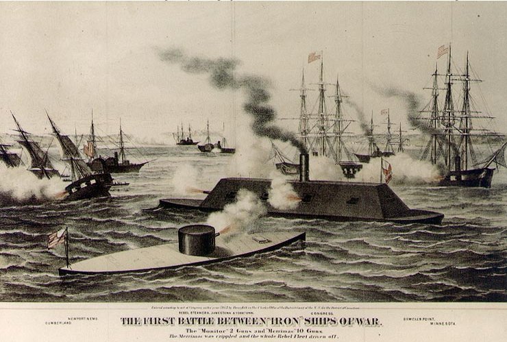 Первое сражение между бронированными военными кораблями. Литография Генри Билла