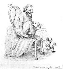 Lincoln as a Monkey, holding a copy of the Emancipation Proclamation( Линкольн в образе обезьяны держит Прокламацию об освобождении рабов )