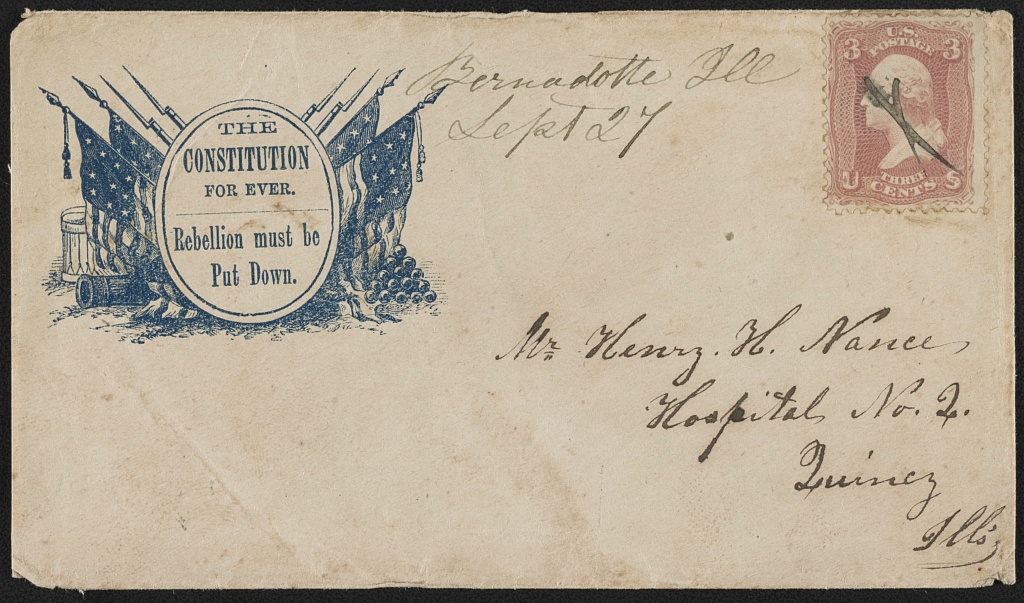Civil War envelope showing American flags, cannon, and drum with message 'The Constitution for ever. Rebellion must be put down'( Конверт почтовой службы США с лозунгом"The Constitution for ever. Rebellion must be put down" )