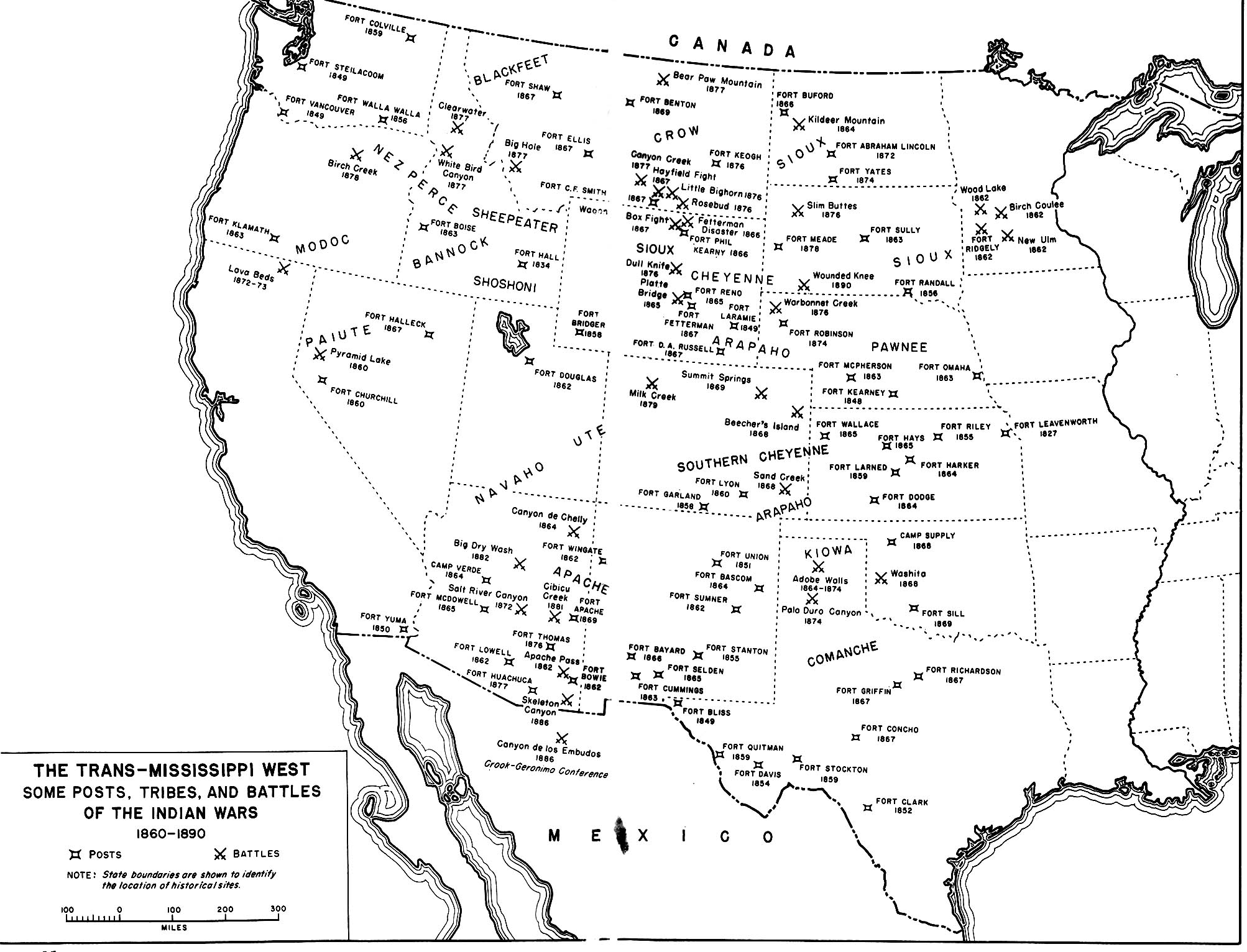 Некоторые посты, племена и сражения войн с индейцами, 1860-1890